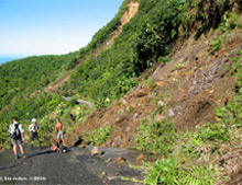 La Guadeloupe : route départementale 11. Mouvement de terrain survenu à la suite du séisme du 21 novembre 2004.(Photo : banque BRGM)