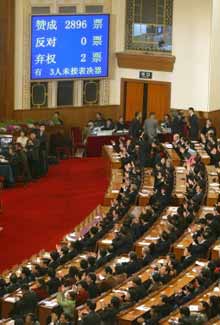 Les délégués chinois applaudissant à l’adoption de la loi antisécession.(Photo : AFP)