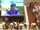 Mouammar Kadhafi, le guide libyen, lors de son discours-fleuve devant les chefs d’État. Le décor grandiose de la salle dans laquelle ont lieu les débats est à l’image du complexe de Ouagadougou.(Photo: Jean Duffas/RFI)