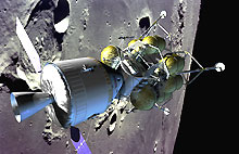 Vue d'artiste du nouveau module d'exploration positionné en orbite lunaire. Quatre astronautes pourraient y prendre place. <A href="http://www.nasa.gov/missions/solarsystem/cev.html" target=_BLANK>Visiter le site</A> de la Nasa.(Image: Nasa)