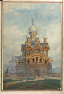 Église du village de Reïval près de Saint-Pétersbourg, vue de la façade principale (1881).<BR><STRONG>Ivan Semenovitch Bogomolov (1841 - 1886)</STRONG>(DR / Saint-Pétersbourg, musée de l'Académie des beaux-arts de Russie)