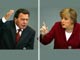 Le chancelier social-démocrate (SPD) Gerhard Schröder et son adversaire du Parti chrétiens-démocrates (CDU/CSU) Angela Merkel. A quelques jours des élections de dimanche prochain, l’issue du scrutin est plus incertaine que jamais.(Photo : AFP)