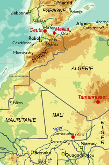 Le Mali est considéré comme un pays de transit, parce que par le Nord les immigrants accèdent facilement en Algérie, puis au Maroc, avant de rejoindre les enclaves espagnoles.(Carte: RFI)