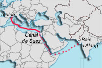 Le porte-avions français, <em>Clemenceau</em>, reste en souffrance au large du Canal de Suez.(Carte : Bourgoing / RFI)