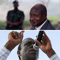 Le président sortant Yoweri Museveni (en haut) et son principal concurrent, le docteur Kizza Besigye.(Photos: AFP)