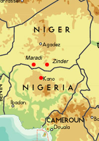C'est dans la zone frontalière entre le Niger et le Nigeria que le H5N1 a été repéré.(Carte : Bourgoing/RFI)