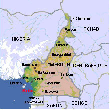 Carte du Cameroun. la ville côtière de Kribi se situe 300 km au sud-ouest de Yaoundé.DR
