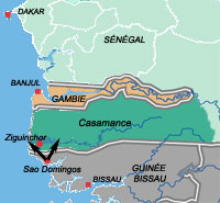 Mardi, la reddition de deux partisans de Salif Sadio aurait permis à l'armée bissau-guinéenne de localiser les portes de sortie indépendantistes.(Carte : S Bourgoing)