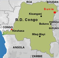 La mission de l'Onu en République démocratique du Congo est passée à l'offensive contre les rebelles dans la région de l'Ituri, au sud de Bunia.(Carte : RFI)