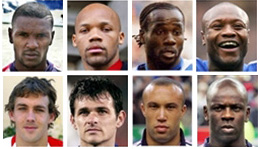 <p>De gauche à droite, haut : Eric Abidal (Lyon), Jean-Alain Boumsong (Newcastle/ENG), Pascal Chimbonda (Wigan/ENG), William Gallas (Chelsea/ENG)</p>
<p>De gauche à droite, bas : Gaël Givet (Monaco), Willy Sagnol (Bayern Munich/ALL), Mikaël Silvestre (Manchester United/ENG), Lilian Thuram (Juventus Turin/ITA)</p>(Photos : AFP)