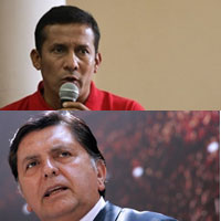 La bataille entre Ollanta Humala (au micro) et Alan Garcia (deuxième image) s’annonce serrée: les candidats se réclament tous deux de la gauche. (Photos: AFP)