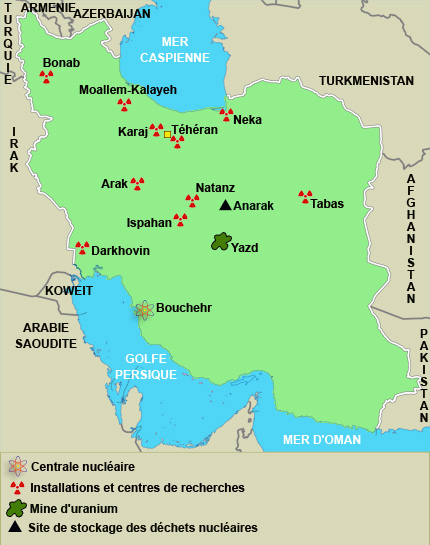 Carte des sites nucléaires iraniens &#13;&#10;&#13;&#10;&#9;&#9;(Carte : RFI)