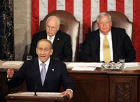 Ehud Olmert devant le Congrès américain  : «J’entends épuiser toutes les possibilités de promouvoir la paix». (Photo : AFP)