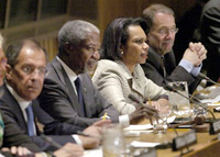 Les représentants du Quartette, (de gauche à droite) Javier Solana, Sergeï Lavrov, Condoleezza Rice et Kofi Annan lors de la conférence de presse, du 9 mai 2006.(Photo : AFP)