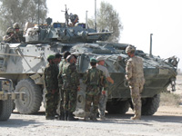 Soldats internationaux et armée afghane discutent des derniers détails avant une mission dans la province de Kandahar. Selon l'Otan la coordination de ces forces ne nécessitent pas l’envoi de davantage de troupes pour défaire les talibans dans le sud de l'Afghanistan. &#13;&#10;&#13;&#10;&#9;&#9;(Photo : Anne Le Troquet/RFI)