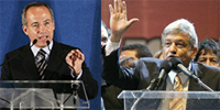 Felipe Calderon (G), le candidat de droite, et Andres Manuel Lopez Obrador, celui de gauche, tous deux crient victoire à l'élection présidentielle. Les résultats officiels seront communiqués le mercredi 5 juillet. 

		(Photo : AFP)
