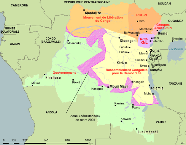 Cartographie des fiefs des chefs de guerre aujourd'hui candidats à la présidentielle.<br /><font color="red">Gouvernement </font>: Joseph Kabila<br /><font color="red">Groupes armés-Ituri </font>: milices lendu et hema en majorité<br /><font color="red">Mouvement de Libération du Congo (MLC)</font> : Jean-Pierre Bemba<br /><font color="red">Rassemblement congolais pour la Démocratie (RCD - Goma) </font>: Azarias Ruberwa<br /><font color="red">RCD-KML </font>: Mbusa Nyamwisi<br /><font color="red">RCD-N </font>: Roger Dumbala &#13;&#10;&#13;&#10;&#9;&#9;(Source : MONUC)