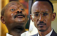 Joseph Kabila signe un accord bilatéral successivement avec les prédsident rwandais Paul Kagame (à droite) et ougandais Yoweri Museveni. &#13;&#10;&#13;&#10;&#9;&#9;(Photos : AFP)