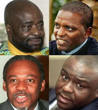 Les quatre vice-présidents du gouvernement de transition : Abdoulaye Yerodia Ndombasi (mouvance Kabila), Azarias Ruberwa (ex-rebelle RCD), Arthur Zahidi Ngoma (opposition non-armée), Jean-Pierre Bemba (ex-rebelle MLC). &#13;&#10;&#13;&#10;&#9;&#9;(Photo : AFP)