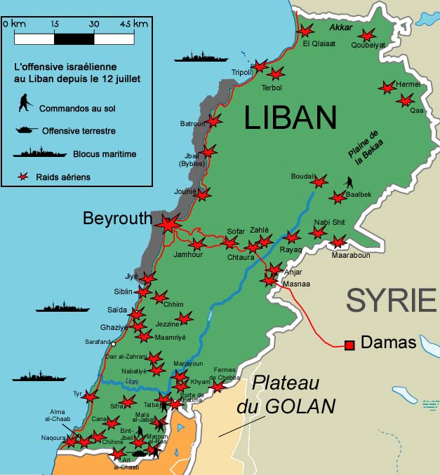 Carte de l'offensive menée par l'armée israélienne au Liban entre le 12 juillet et le 2 août 2006. 

		(Carte : H.Maurel/RFI)