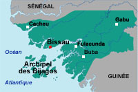 Selon les Nations unies, les traficants utilisent l'archipel des Bijagos (Guinée Bissau) pour acheminer la drogue en Europe.(Carte : S. Bourgoing / RFI)