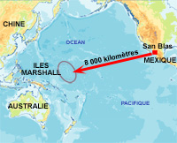 Partis de San Blas au Mexique, cinq pêcheurs ont dérivé sur l'océan Pacifique, parcourant 8 000 kilomètres en neuf mois. Trois d'entre eux ont été retrouvés vivant au large des Iles Marshall. 

		(Carte: SB / RFI)