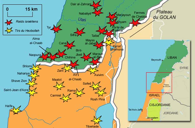 Liban-Israël : bataille sur la frontière (carte actualisée au 1er août). 

		(Carte : H.Maurel/RFI)