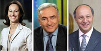 Les trois candidats déclarés du PS : Ségolène Royal, Dominique Strauss-Khan et Laurent Fabius. 

		(Photos : AFP)