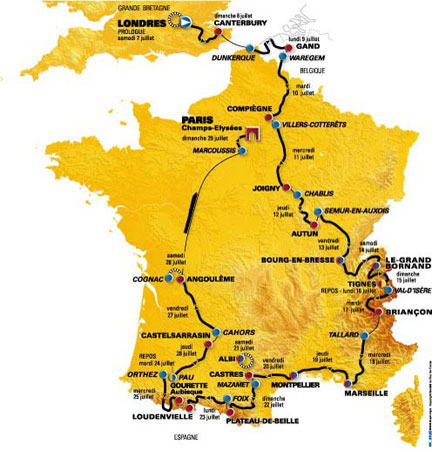 Le parcours&nbsp;du 94 ème Tour de France du 7 au 29 juillet 2007, étape par étape, publié par <a href="http://www.letour.fr" target="_blank">letour.fr</a>. &#13;&#10;&#13;&#10;&#9;&#9;(Photo : letour.fr)