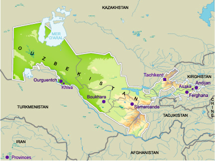 L'Ouzbékistan. &#13;&#10;&#13;&#10;&#9;&#9;(Carte: Géoatlas/ S Bourgoing/ RFI)