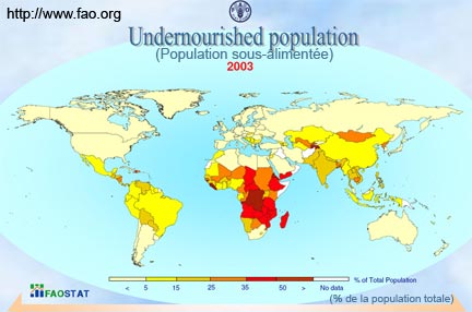 Carte de la population sous-alimentée dans le monde en 2003. Source: Organisation des Nations unies pour l'alimentation et l'agriculture (FAO). &#13;&#10;&#13;&#10;&#9;&#9;(Photo : www.fao.org)