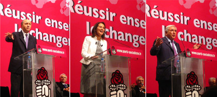 Dernier débat du premier tour pour les présidentiables socialistes, Laurent Fabius, Ségolène Royal et Dominique Strauss-Kahn. (Photo : Florent Guignard/ RFI)