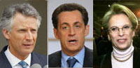 La candidature de Nicolas Sarkozy (centre) pour la présidentielle de 2007 n'est pas encore jouée pour ses collègues de l’UMP, Dominique de Villepin (gauche) et Michèle Alliot-Marie. 

		(Photos : AFP)