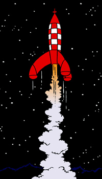 On a marché sur la Lune : détail d'une case extraite de la planche 50 publiée dans le journal Tintin, n°40, 8 octobre 1953. (© Hergé/ Moulinsart 2006)