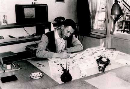 Hergé saisi en pleine activité le 15 avril 1949. (© Hergé/ Moulinsart 2006)