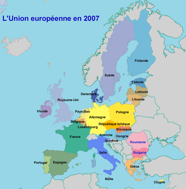Avec adhésion de la Bulgarie et de la Roumanie, l'Union européenne voit le nombre de ses pays membres porté à 27 et devient ainsi le troisième plus vaste ensemble de population après la Chine et l'Inde. &#13;&#10;&#13;&#10;&#9;&#9;(Carte : JB/RFI)
