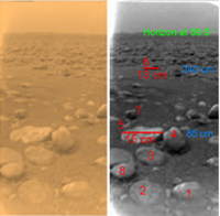 Vue détaillée du sol de Titan. (Photos : ESA/ NASA/ Université d'Arizona et <a href="http://cassini.univ-paris7.fr" target="_blank">univ-paris7.fr</a>)