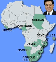 La tournée africaine du président chinois, Hu Jintao, le conduira au Cameroun, au Liberia, au Soudan, en Zambie, en Namibie, en Afrique du Sud, au Mozambique et aux Seychelles. 

		(Photo : AFP, Carte : RFI)