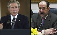 George W. Bush critique le gouvernement de Nouri al-Maliki pour son manque de «<em>maturité</em>». Il y a quelques semaines, le président américain exprimait encore toute sa confiance dans le Premier ministre irakien. 

		(Photos : AFP)