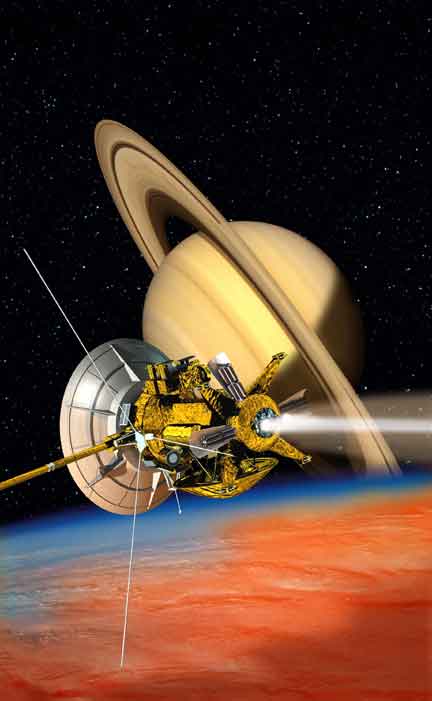 Illustration de la sonde Cassini-Huygens en mission vers Saturne et Titan. (Illustration : CNE/ill.david DUCROS, 2004)
