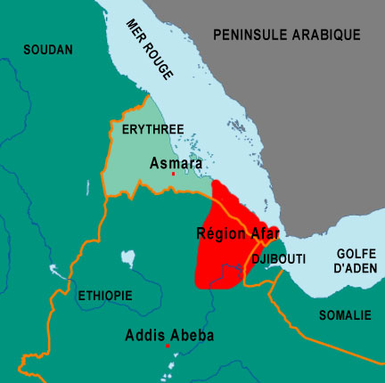 Les otages européens enlevés le 1er mars 2007 dans la région Afar en Ethiopie ont été libérés et remis aux autorités britanniques à Asmara, la capitale érythréenne. (Carte : RFI)