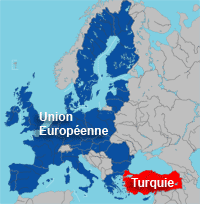 L'Union européenne et la Turquie. &#13;&#10;&#13;&#10;&#9;&#9;(Cartographie: Marc Verney/RFI, base Géoatlas)