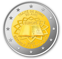 A l'occasion du 50e anniversaire du Traité de Rome, célébré le 25 mars 2007, les pays de la zone euro ont décidé d’émettre conjointement une pièce commémorative de deux euros. C'est la première fois que les faces nationales d’une pièce en euros sont communes. DR