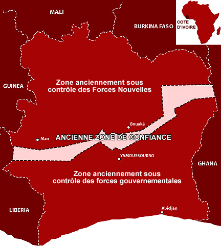 Le démantèlement de l'ancienne «zone de confiance» va permettre le rétablissement du trafic routier entre le Mali, le Burkina Faso et Abidjan. 

		(Carte : <a href="http://www.ccfd.asso.fr/dossier/cote-d-ivoire/cotedivoire_accueil.php" target="_blank">CCFD</a>)