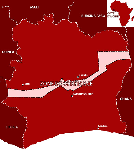 Le démentèlement de la «zone de confiance» débute ce 16 avril à Ngattadolikro, un village au sud de Bouaké. (Carte : <a href="http://www.ccfd.asso.fr/dossier/cote-d-ivoire/cotedivoire_accueil.php" target="_blank">CCFD</a>)