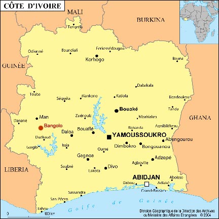 Les premières brigades mixtes, loyalistes et ex-rebelles, s'installent à Bangolo. &#13;&#10;&#13;&#10;&#9;&#9;(Carte : Ministère des Affaires Etrangères)