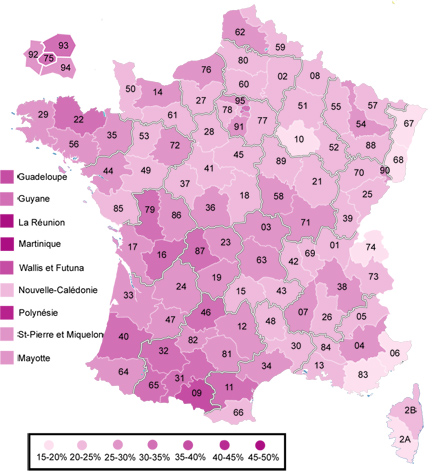 Résultats par département de la candidate socialiste, Ségolène Royal. <a href="http://www.rfi.fr/francais/actu/articles/088/article_51257.asp" target="_blank">Cliquez ici pour agrandir.</a> &#13;&#10;&#13;&#10;&#9;&#9;(Carte : C. Wissing / RFI)
