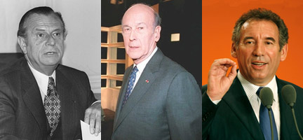 De gauche à droite : Jean Lecanuet, Valéry Giscard d’Estaing et François Bayrou. &#13;&#10;&#13;&#10;&#9;&#9;(Photos : AFP/Reuters)