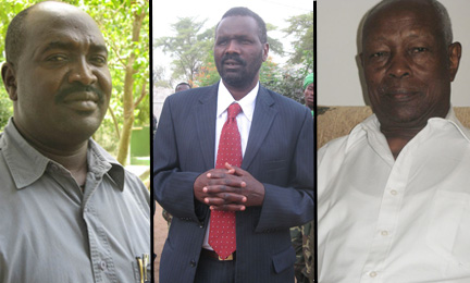 De gauche à droite : Abdallah Khamis, vice-président du Mouvement de libération du Soudan (MLS) ; Khalil Ibrahim, président du Mouvement pour la justice et l’égalité (MJE) ; Ibrahim Diraig, président du parti fédéraliste et démocratique soudanais, Sudan Federal Democratic Alliance (SFDA). &#13;&#10;&#13;&#10;&#9;&#9;(Photos : Sonia Rolley/RFI)