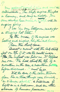Page 17 du manuscrit d’Helen Churchill Candee narrant le naufrage du Titanic. C’est à cette page que le navire est heurté par l’iceberg, «<em>Then the shock came</em>». &#13;&#10;&#13;&#10;&#9;&#9;(Source : Musée des lettres et Manuscrits)